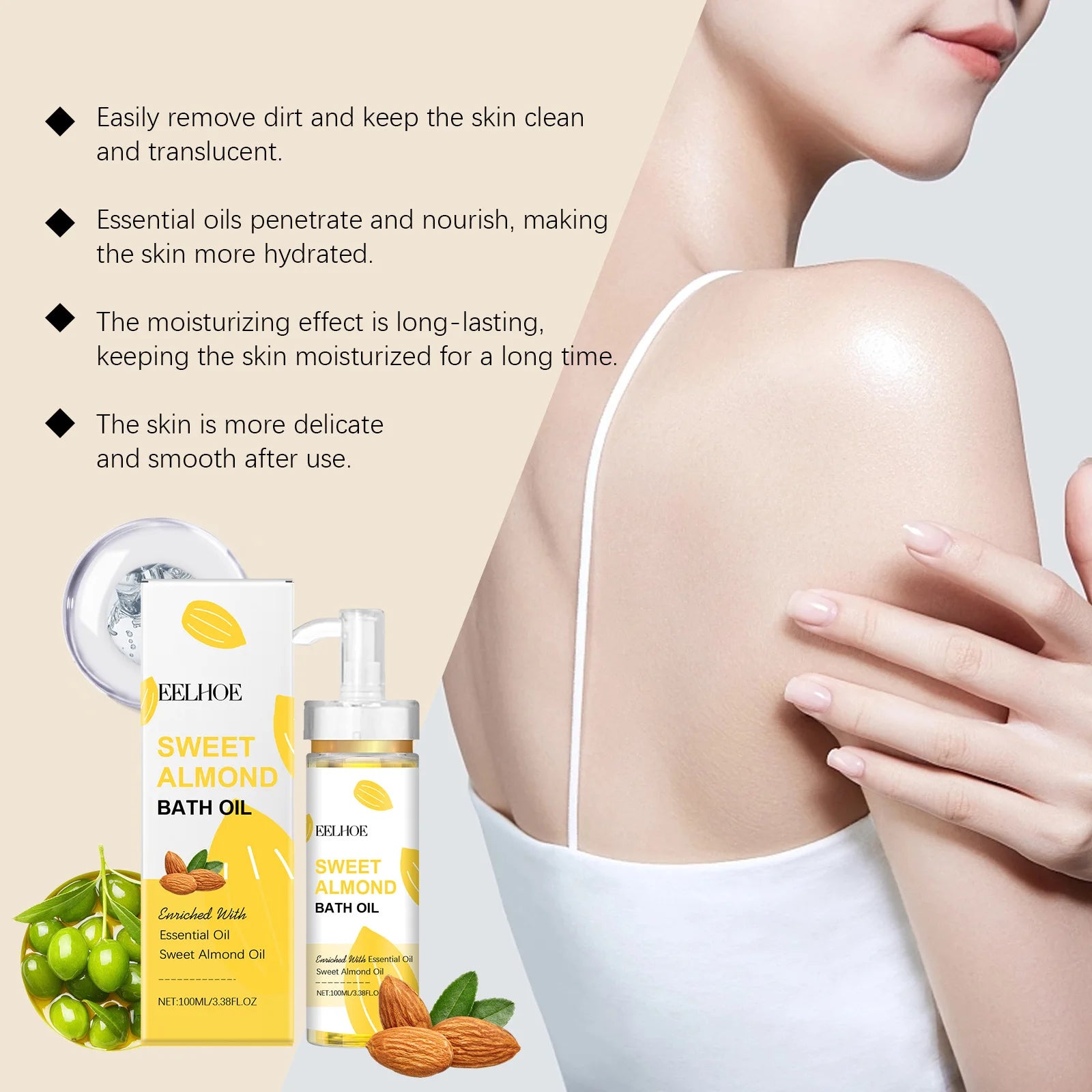EELHOE Sweet Almond Oil for Bath Exfoliator Shower and Body Cleaning Brightening Skin Care Products Nourish Bath Essential Oil