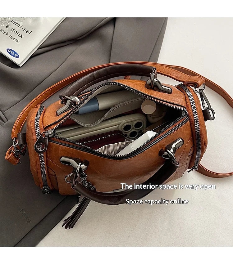 HOMEFISH Large Capacity Shoulder Bag for Women with Tassel Decoration Fashion Detachable Chain Boston Handbag Shoulder Bag
