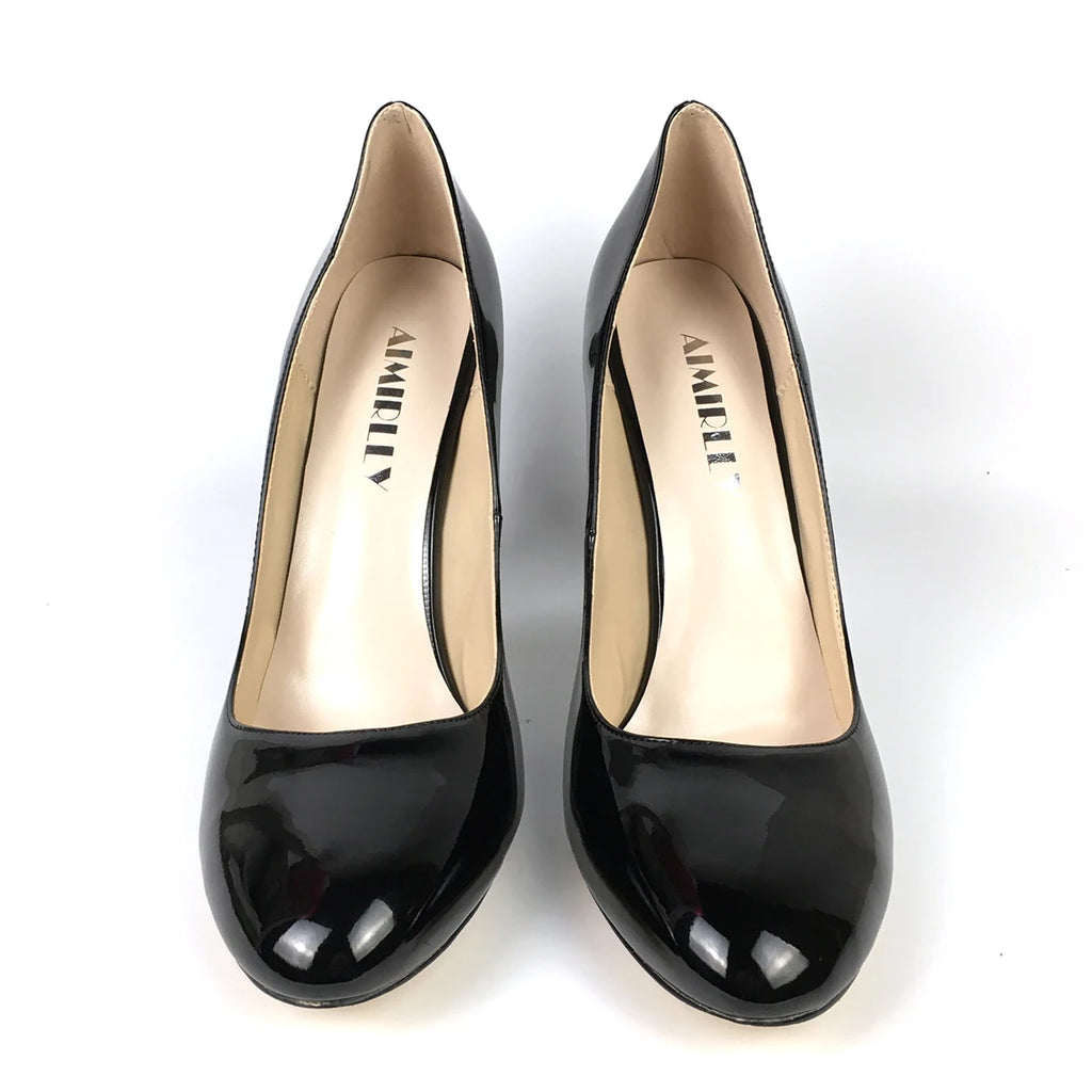 Women Patent Round Toe Block Heel High Heel Pumps Office Work Shoes Multi-color