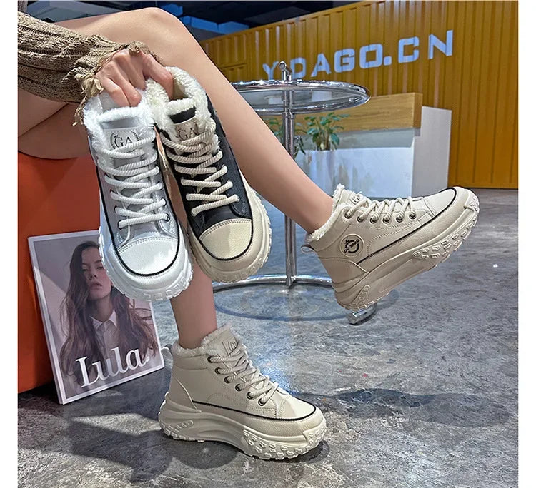 Women's Winter 2023 New Style Flat Boots Fleece Lined Thickened Warm Cotton Shoes High Top Little White Shoes Hx-q037