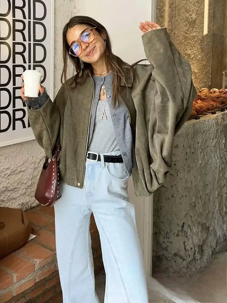 KONDALA Casual Soft Martini Green Bomber Jackets Women Long Lantern Sleeve Oversized Autumn Winter Coats Fashion 2025 Outwears
