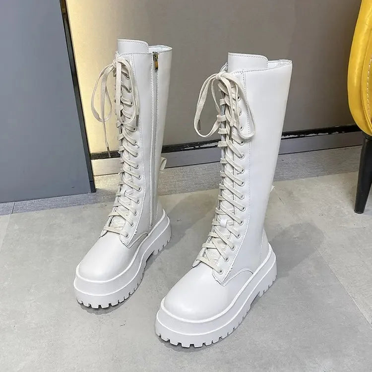2024 New Thicken Winter Knight Boots Women Knee High Long Square Heel Boots Retro Thick Motorcycle Boots Black White Botas Mujer