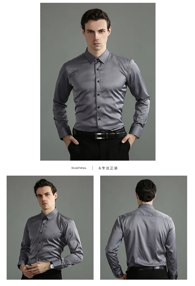 Micro elastic men's long sleeved shirt, silky and not easily wrinkled, high-quality men's shirt, plus size shirt