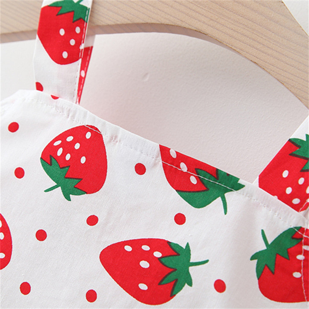 New Summer Baby Girls Dress + Hat Big Bow Ribbon Halter Strawberry Polka Dot Full Print Sweet Princess Dress Birthday Party Team