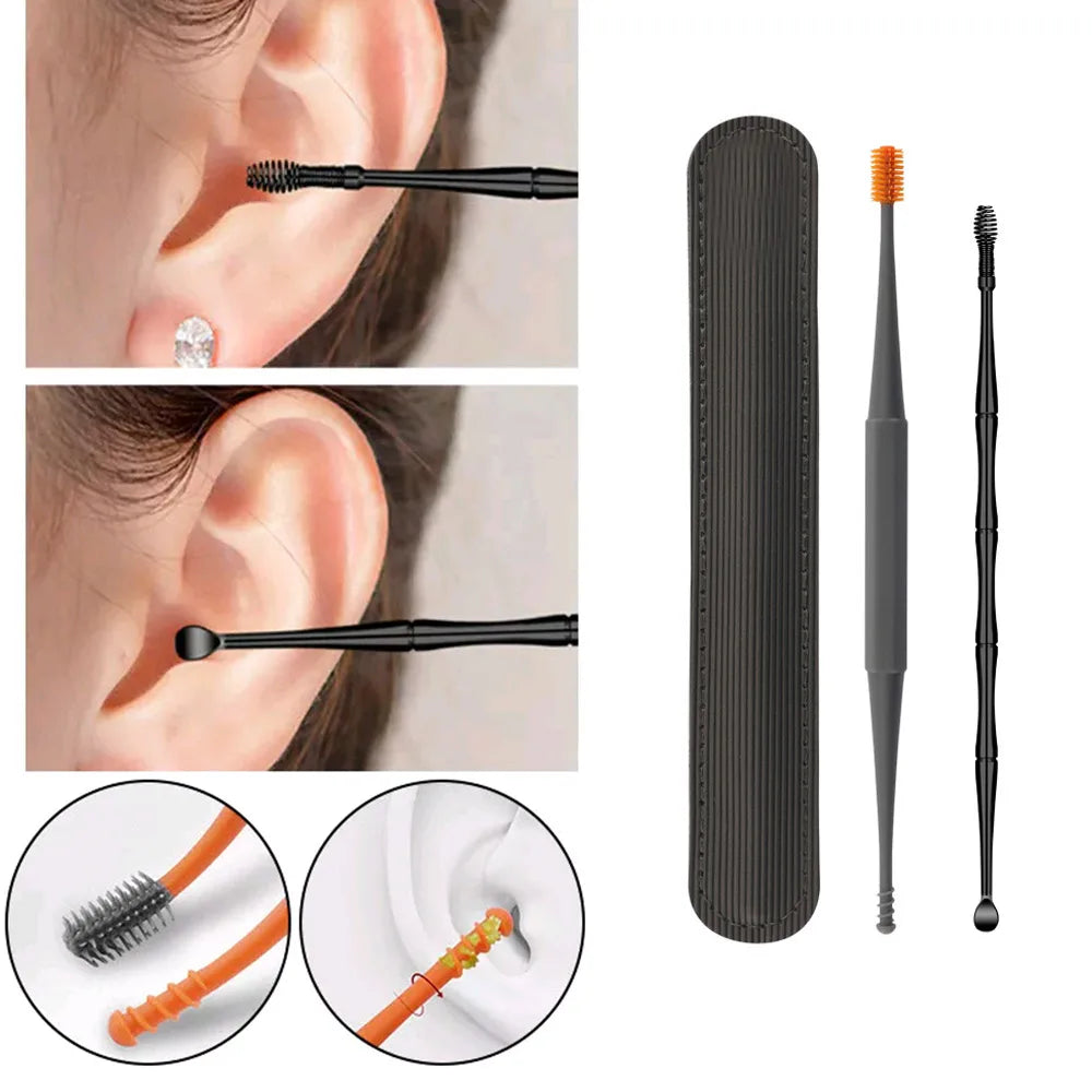 2PCS Ear Wax Removal Tool Ear Cleaning Sticks Earpick Remover Silicone Double Head Ear Cleaner 360° Spiral Swab