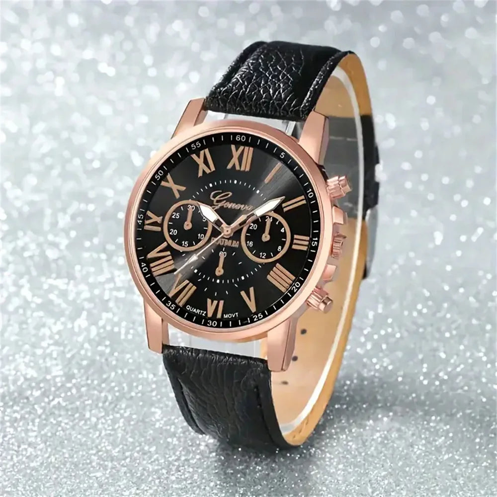 5PCS Women's Watches Fashion Roma Dial Leather Band Quartz Watch（Without Box
