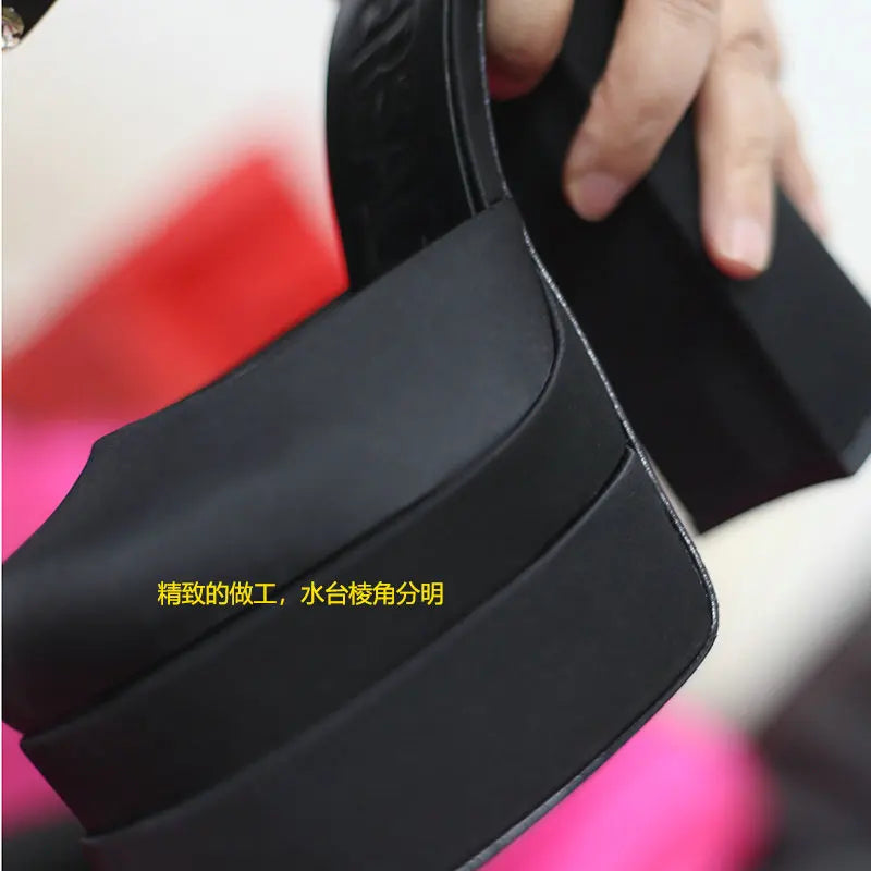 High Heels Women 2025 New Fashion Show 15cm Personality Super High Heel Waterproof Square Head Black Silk Runway Shoes