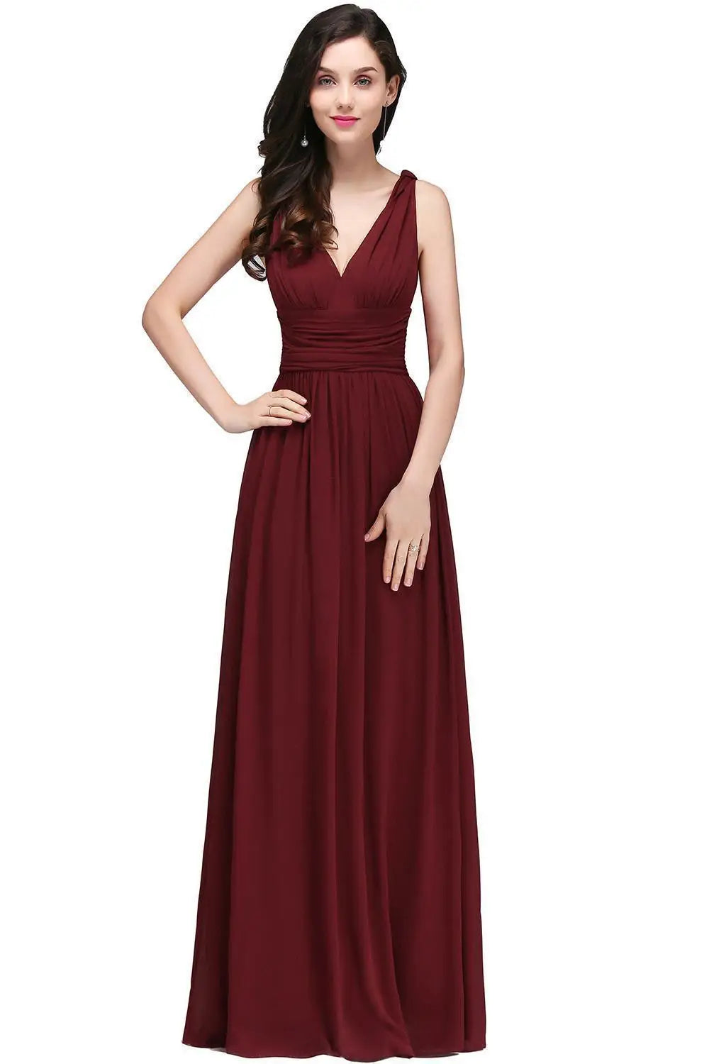Long Burgundy Bridesmaid Dresses For Women Chiffon V-Neck A-Line Elegant Formal Wedding Party Gowns Evening Vestidos De Festa