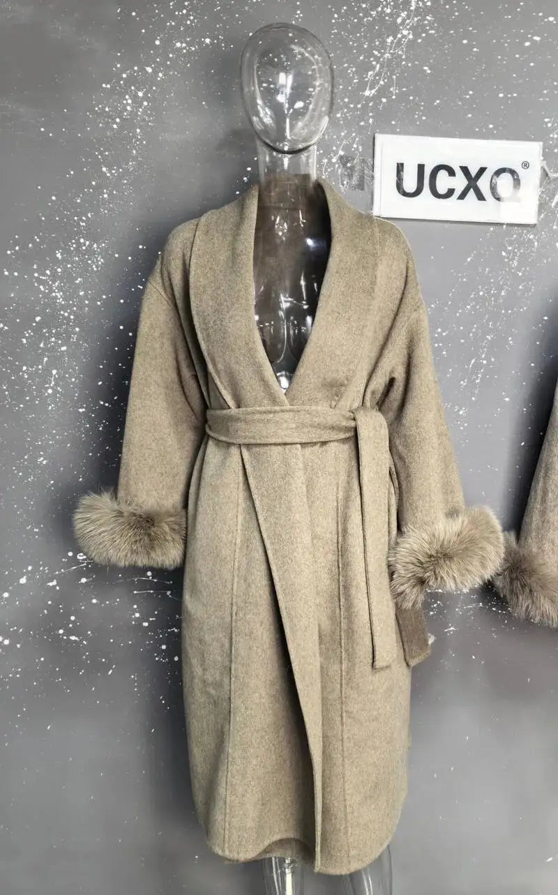 UCXQ Elegant OL Office Lady Overcoats Fur Patchwork Long Sleeve Woolen Coat Beautiful Women's Clothing Jacket Autumn 2025 Winter