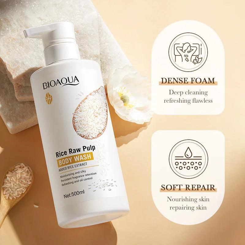 Rice Pulp Body Shower Gel 500ml, Hypoallergenic and Moisturizing, Refreshing and Oil-Controlling, with a Long-Lasting Light Fragrance, Suitable for All Light Beige and Sensitive Skin, Easily Removes Oil and Dirt, Provides Dai