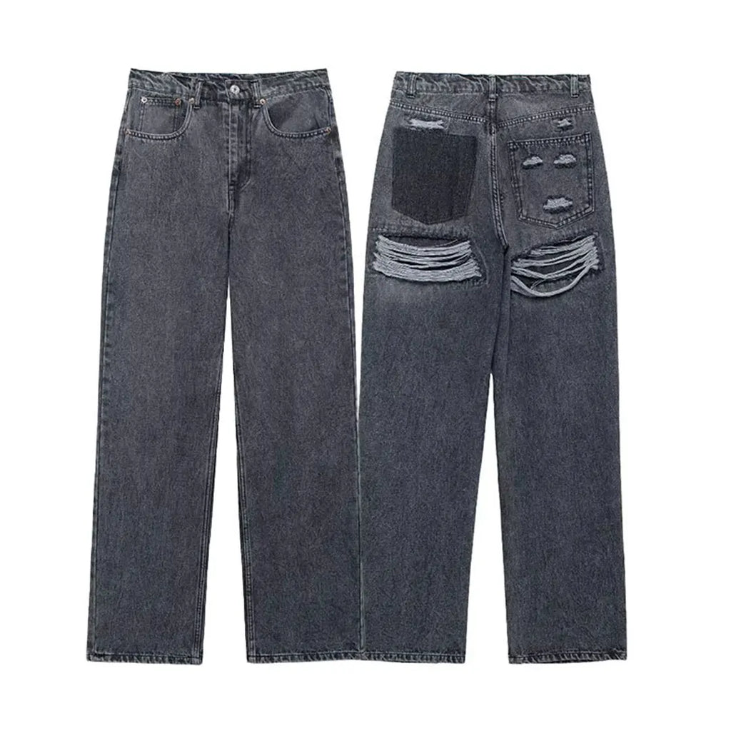 HH 2024 Women's Street Fashion Denim Blue Jeans Distressed Patchwork High Waist Zipper Fly Ripped Retro Long Pants