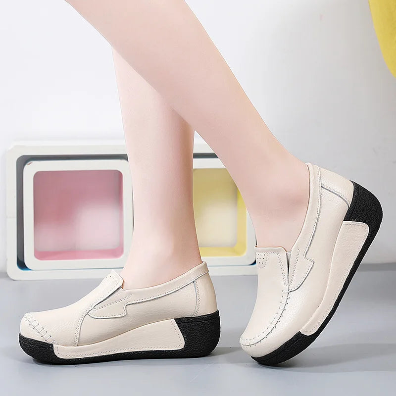 2022 Spring Autumn Women Flats Platform Loafers Ladies Genuine Leather Comfort Wedge Moccasins Orthopedic Slip On Casual Shoes