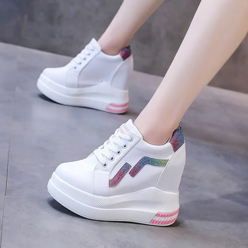 Women's Ankle Boots Autumn Leather Chunky Shoes Woman Platform Height Increased Sneakers 10.5CM Thick Sole Wedges White Boots