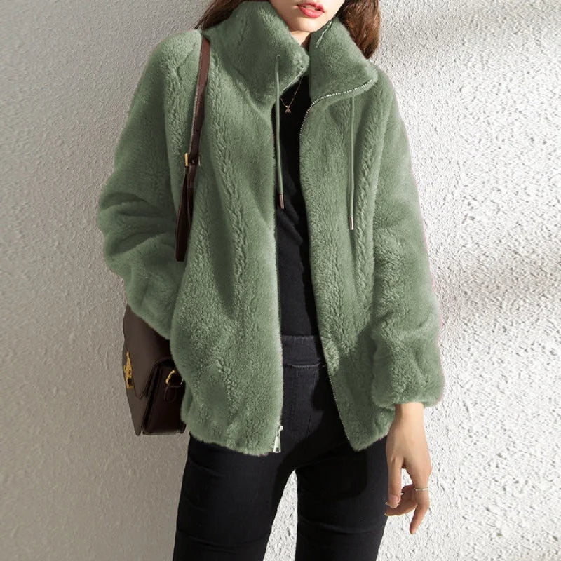 Women Autumn Winter Faux Fur Coats Zipper Cardigan Plush Thick Warm Coat Loose Oversized Outerwear Female Coral Fleece Overcoat
