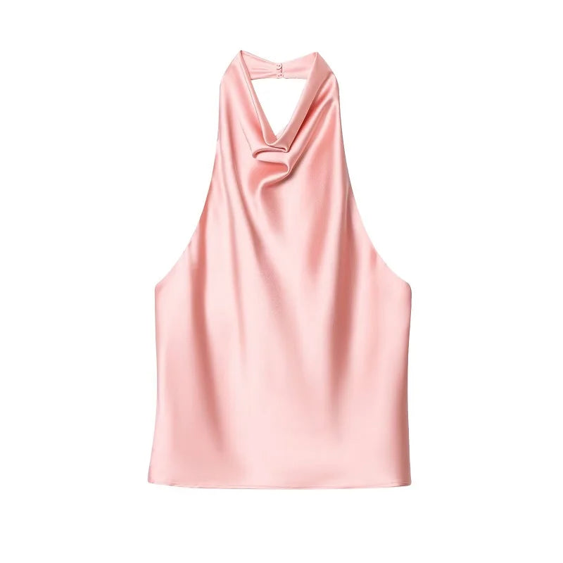 MUJER 2025 Halter Tops for Women Black Satin Backless Top Female Pink Summer Beach Top Woman off Shoulder Camisole Top Women