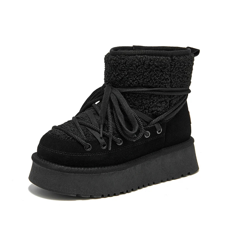 BEAUTODAY Snow Boots Women Cow Leather Solid Color Round Toe Thick Sole Slip-On Winter Keep Warm Laides Furry Shoes MS1A001