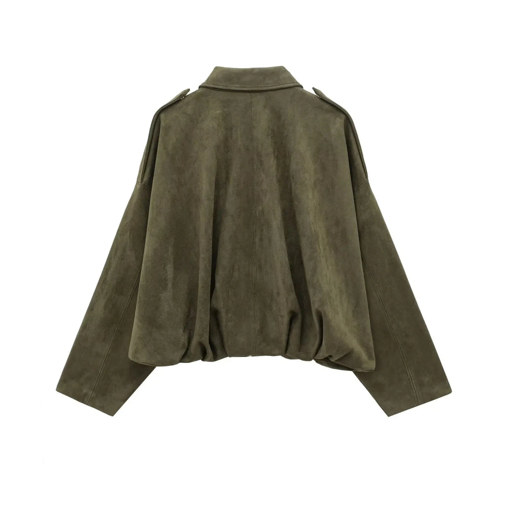 HH Women's Street Fashion Solid Loose Suede Texture Coats Causal Long Bat Sleeves Lapel Zipper Fly Winter Vintage Jackets