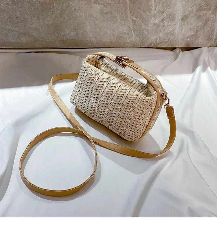 HOMEFISH Summer Small Straw Handbag Trendy Shoulder Bag Woven Bucket Crossbody Bag Casual Seaside Beach Bag Gilrs Handle Tote