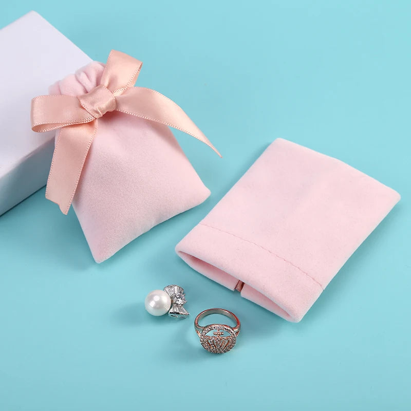 10pcs/lot 7x9cm Pink Velvet Ribbon Bag Drawstring Earrings Rings Necklace Bracelet  Wedding Christmas Gift Storage Pouches