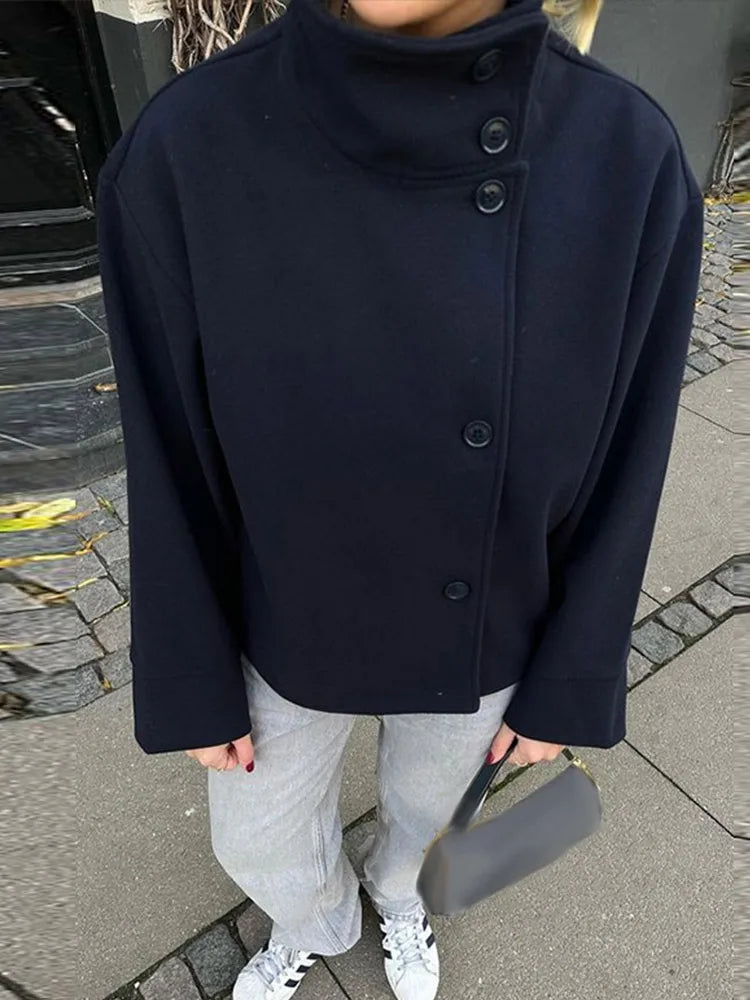 Stand Collar Women Spring Woolen Coats Single Breasted Loose Female Long Sleeve Jacket  Fashion Office Lady Street Short Coat