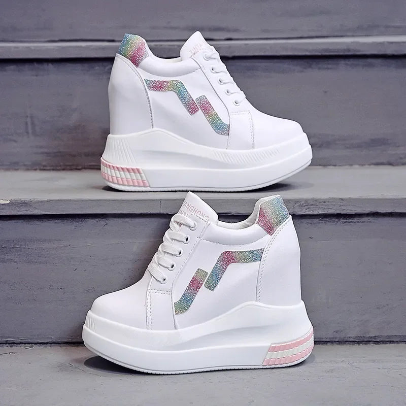 Women's Ankle Boots Autumn Leather Chunky Shoes Woman Platform Height Increased Sneakers 10.5CM Thick Sole Wedges White Boots