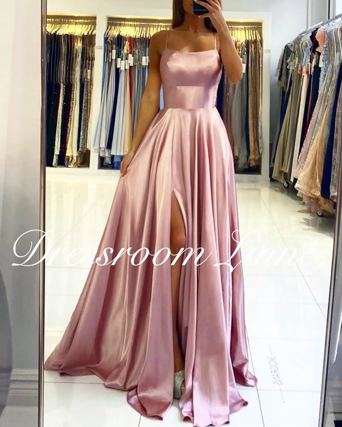 BABYONLINE Simple In Stock Soft Sliky Satin Bridesmaid Dresses Cowl Neck Tieing Thin Straps Leg Slit and Flowing A-line Dress