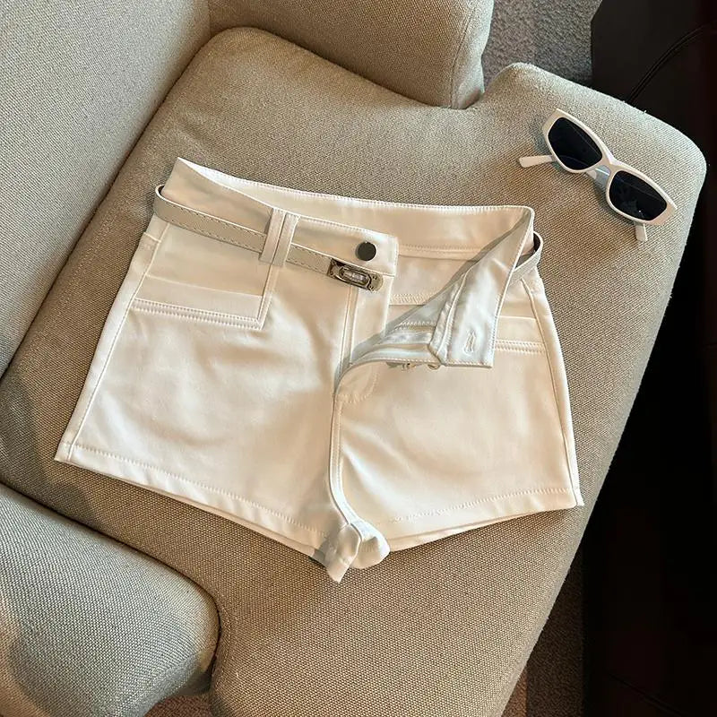 Autumn Black White Elegant Fashion Sexy Slim Short Pant Clothes Women Casual Beige Pockets High Waist Office Lady Shorts Simple