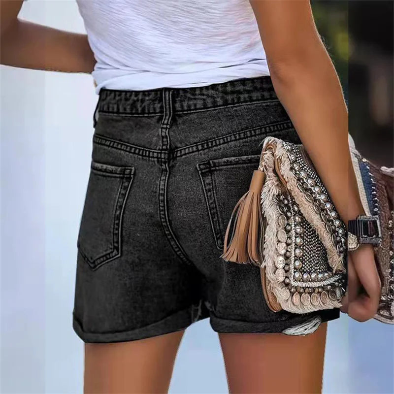 2024 Fashion Folded Leg Denim Shorts Women Mid Waist Broken Holes Three Quarter Pants Summer Commuter Casual Mini Straight Jeans