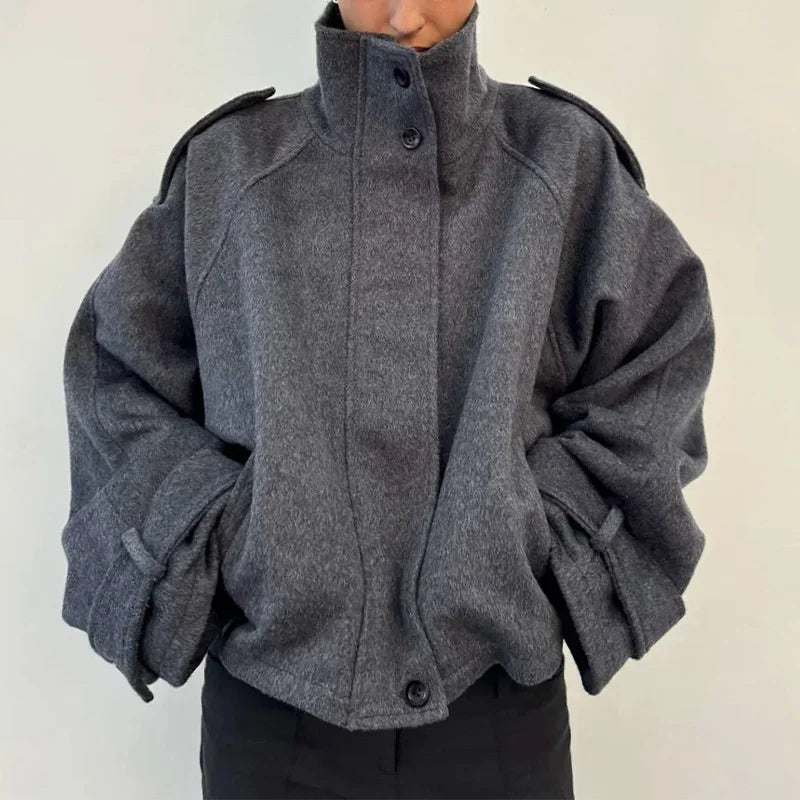 Stand Collar Women Spring Woolen Coats Single Breasted Loose Female Long Sleeve Jacket  Fashion Office Lady Street Short Coat