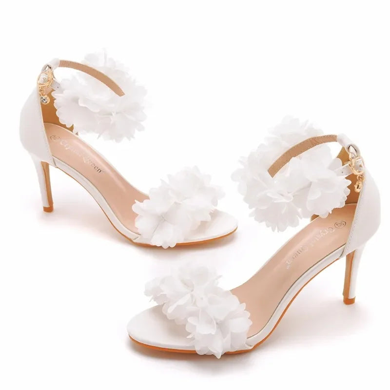 Women Sandals Fashion Sandalias Flower Decoration PU 8CM Cover Heel Buckle Strap White Solid Bridal Wedding Sweet Women's Shoes