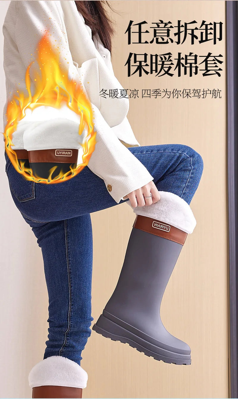 Adult Fashionable High-top Rain Boots Women's Waterproof and Non-slip Rain Boots for Outdoor Travel and Camping Cotton Warm Boot