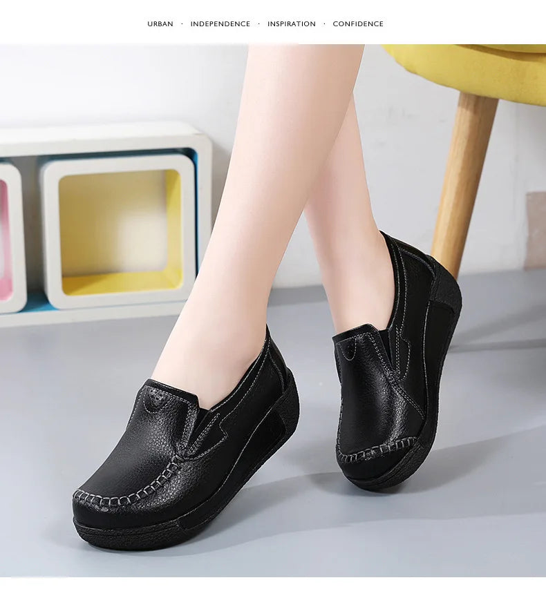 2022 Spring Autumn Women Flats Platform Loafers Ladies Genuine Leather Comfort Wedge Moccasins Orthopedic Slip On Casual Shoes