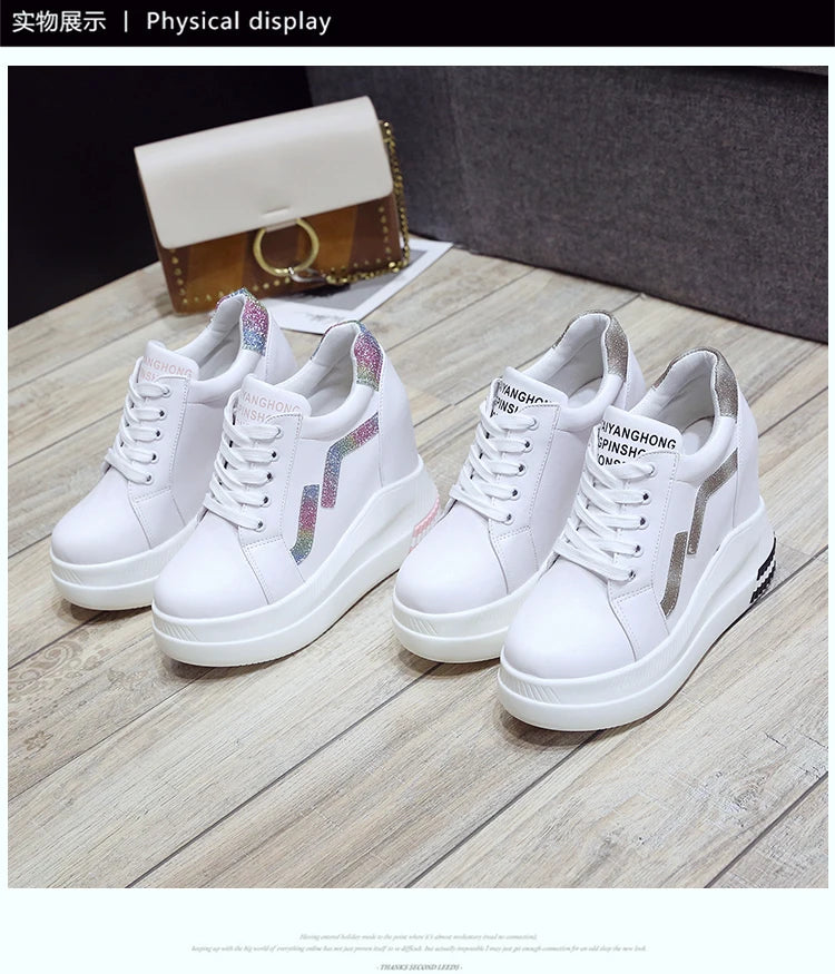 Women's Ankle Boots Autumn Leather Chunky Shoes Woman Platform Height Increased Sneakers 10.5CM Thick Sole Wedges White Boots