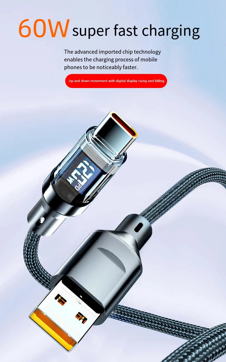 HOMEFISH 60W USB-C Super Fast Charging Cable with Digital Display, Braided Anti-Fracture Wire, Maximum Compatible with 120W