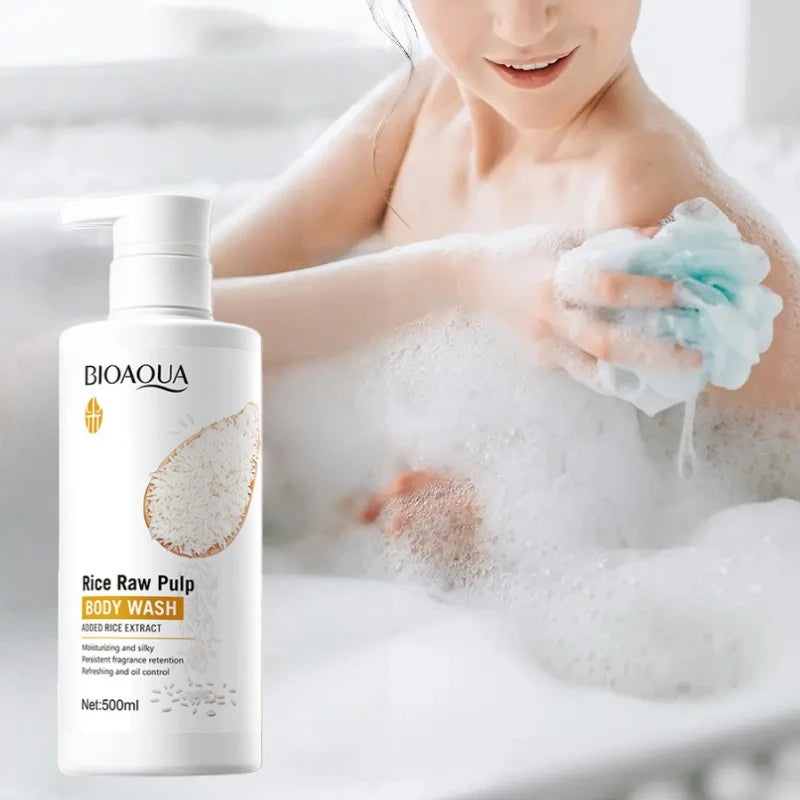 Rice Pulp Body Shower Gel 500ml, Hypoallergenic and Moisturizing, Refreshing and Oil-Controlling, with a Long-Lasting Light Fragrance, Suitable for All Light Beige and Sensitive Skin, Easily Removes Oil and Dirt, Provides Dai