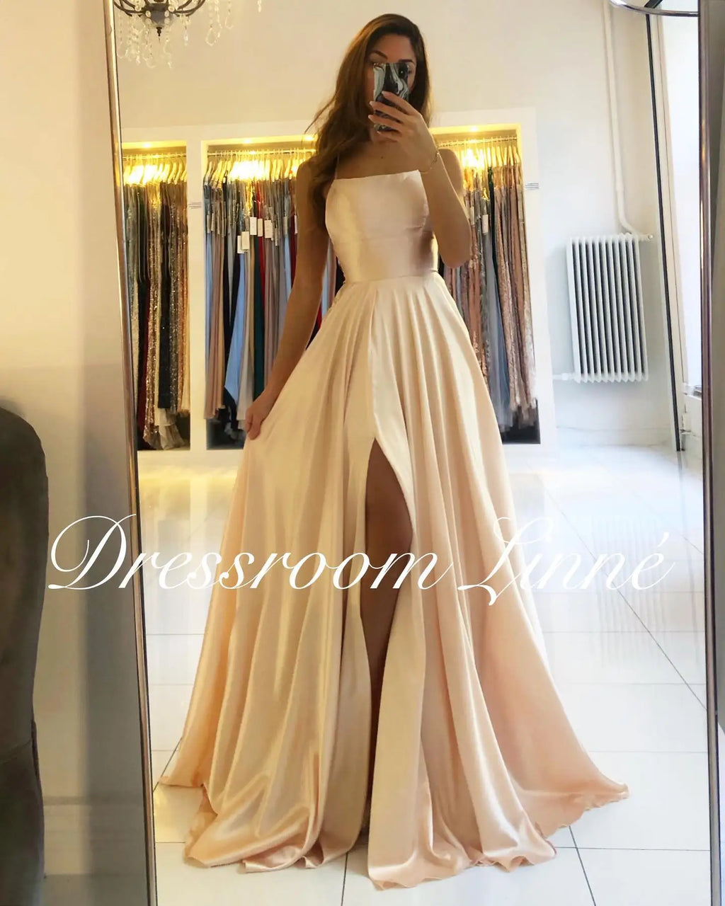 BABYONLINE Simple In Stock Soft Sliky Satin Bridesmaid Dresses Cowl Neck Tieing Thin Straps Leg Slit and Flowing A-line Dress