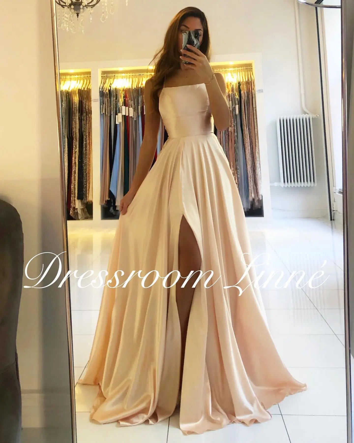 BABYONLINE Simple In Stock Soft Sliky Satin Bridesmaid Dresses Cowl Neck Tieing Thin Straps Leg Slit and Flowing A-line Dress