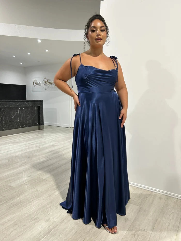 BABYONLINE Simple In Stock Soft Sliky Satin Bridesmaid Dresses Cowl Neck Tieing Thin Straps Leg Slit and Flowing A-line Dress