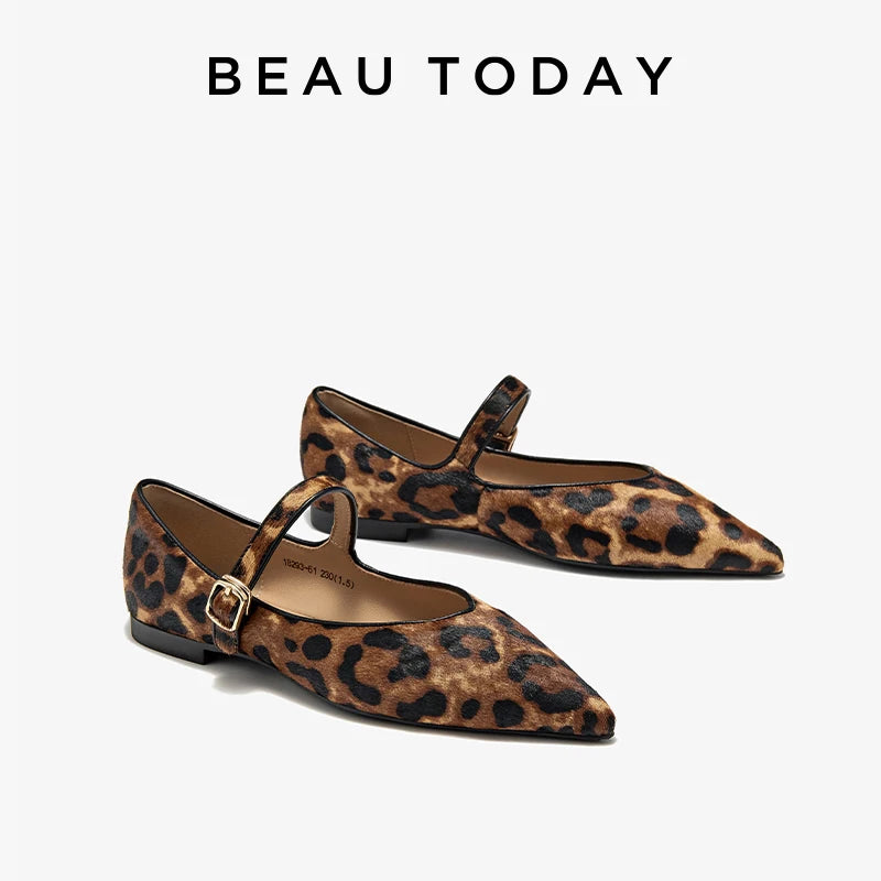 BEAUTODAY Mary Janes Women Horsehair Pointed Toe Leopard Print Buckle Strap Fashion Ballet Ladies Flats Dress Handmade 18293