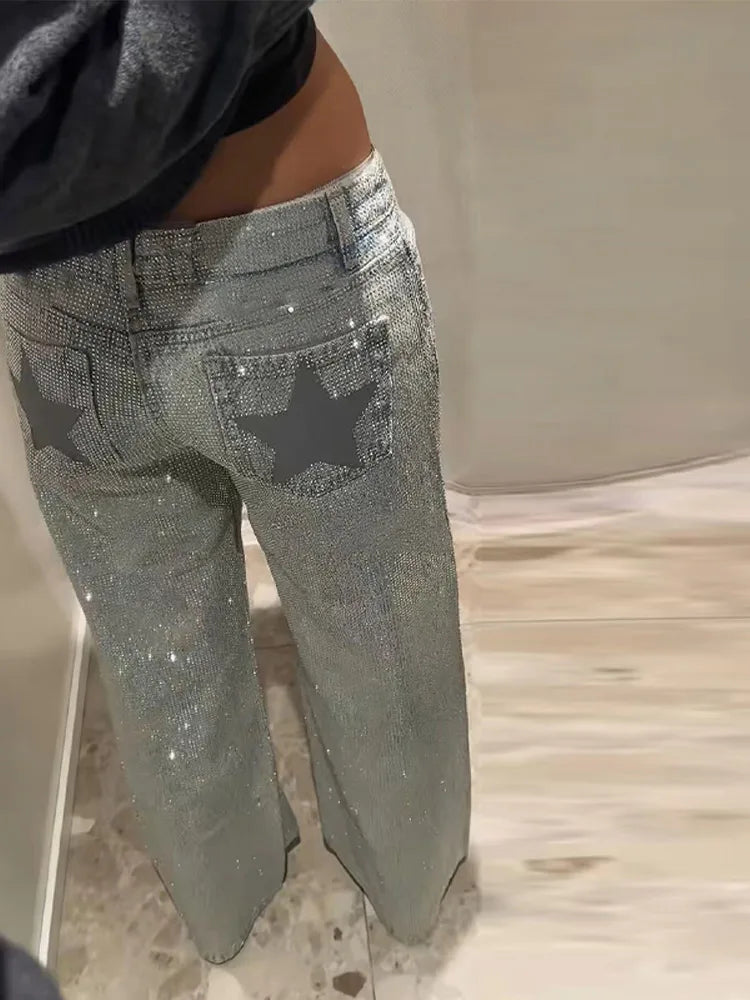 Shiny Rhinestone Baggy Women's Wide Leg Jeans Full Diamond Wide Leg Dragging Denim Pants Vintage Washed Pants Casual Trousers