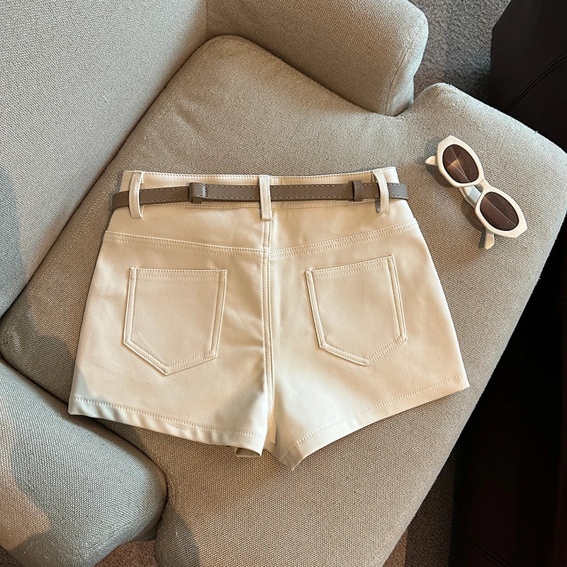 Autumn Black White Elegant Fashion Sexy Slim Short Pant Clothes Women Casual Beige Pockets High Waist Office Lady Shorts Simple