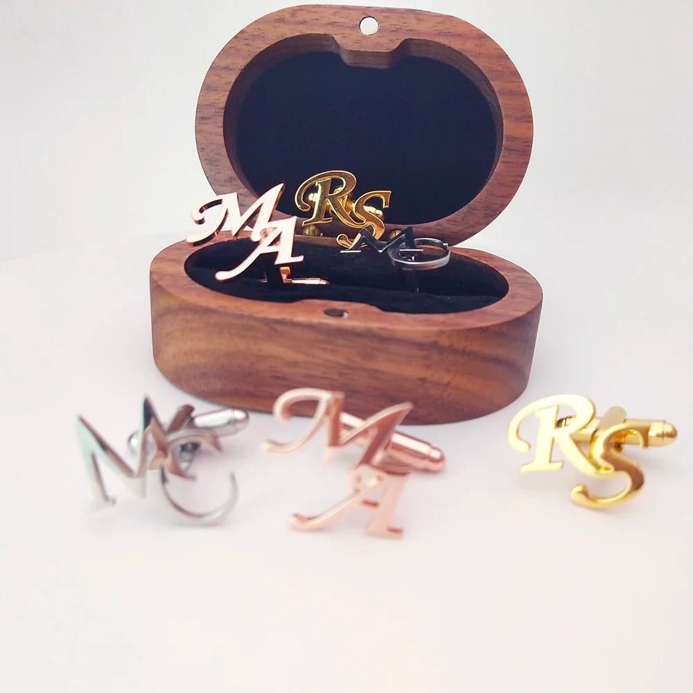 Tangula Custom Men's Stainless Steel Cufflinks For Groom Initials Cufflinks With Oak Gift Box Wedding Bridegroom Jewelry Gift