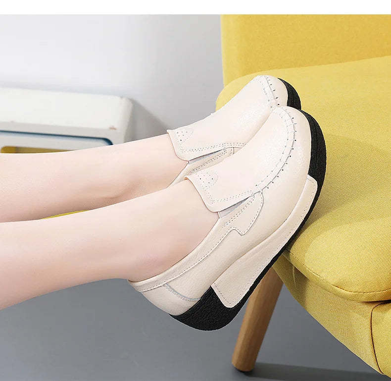 2022 Spring Autumn Women Flats Platform Loafers Ladies Genuine Leather Comfort Wedge Moccasins Orthopedic Slip On Casual Shoes