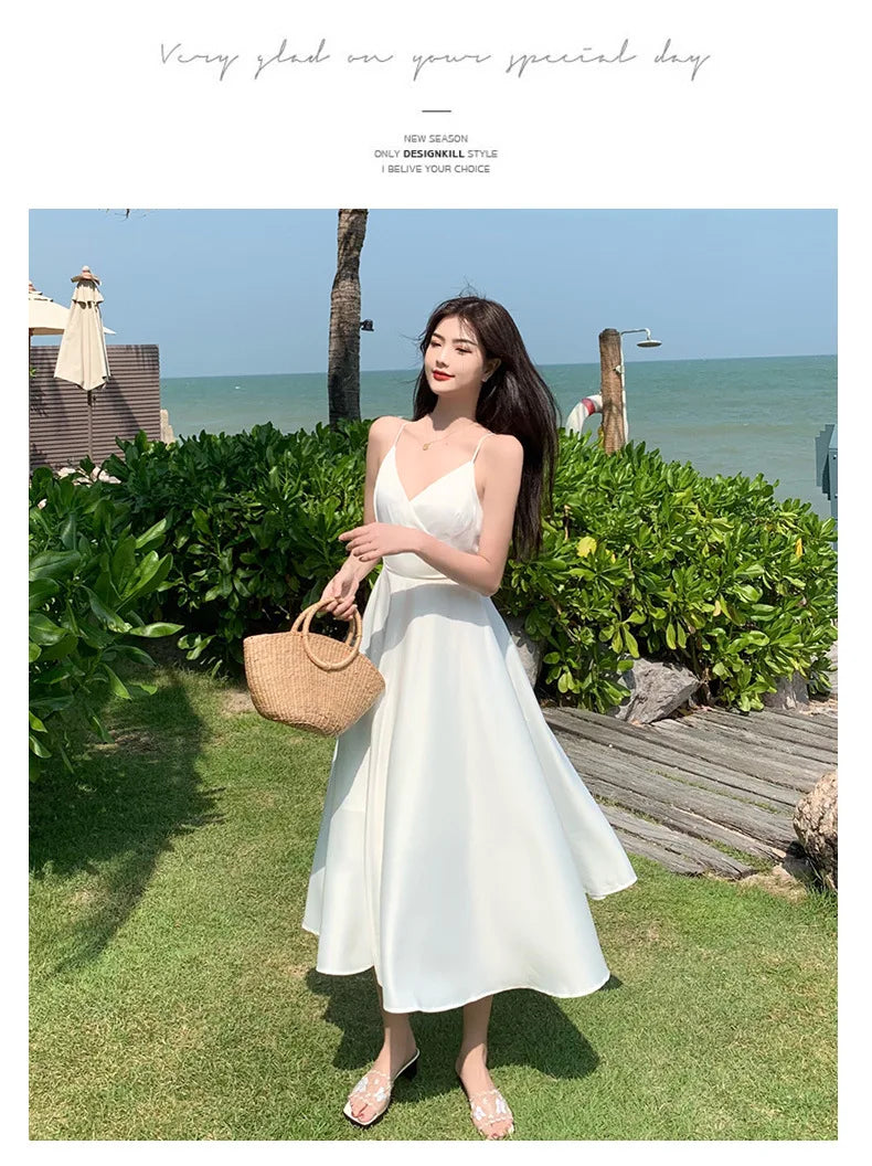 New ivory Caramel terracotta Auburn satin 120cm over knee spaghetti backless strap summer lady girl dress gown daily wear
