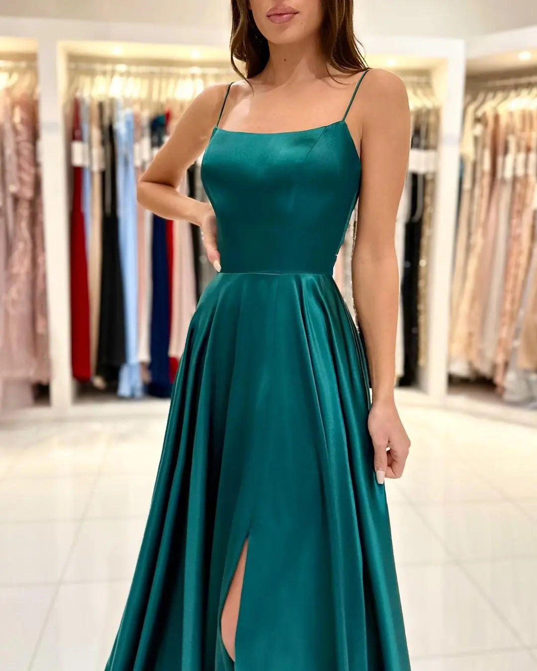 BABYONLINE Simple In Stock Soft Sliky Satin Bridesmaid Dresses Cowl Neck Tieing Thin Straps Leg Slit and Flowing A-line Dress