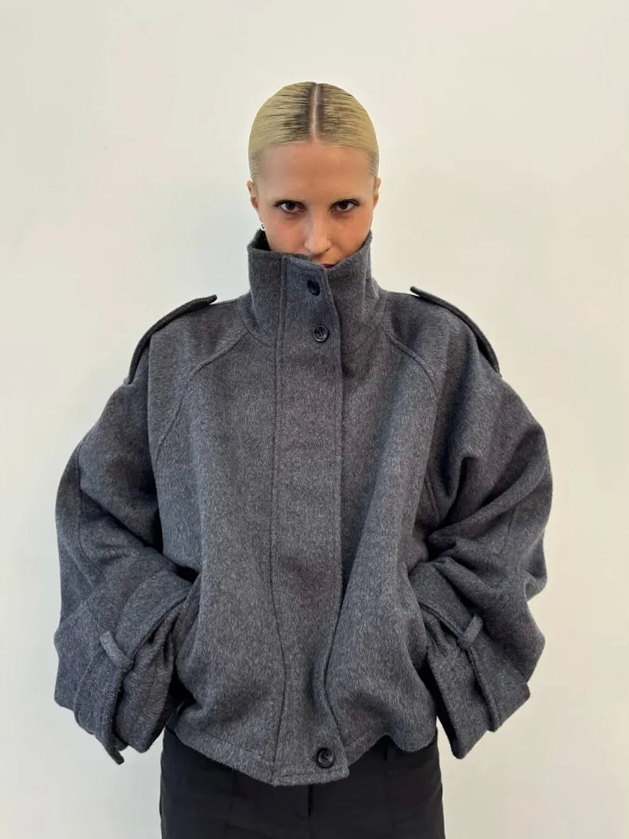Stand Collar Women Spring Woolen Coats Single Breasted Loose Female Long Sleeve Jacket  Fashion Office Lady Street Short Coat