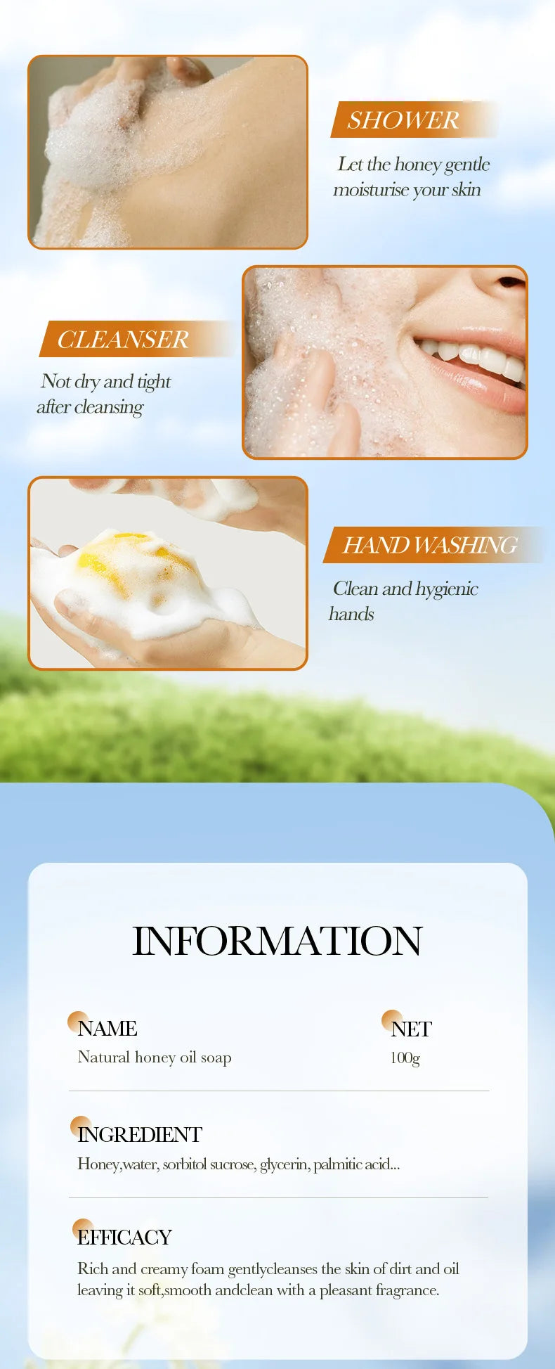 1Pcs Honey Handmade Soap Cleansing The Body Hand Wash Soap Essential Oil Moisturizing Product Body Care Dry Skin Prevent Dry