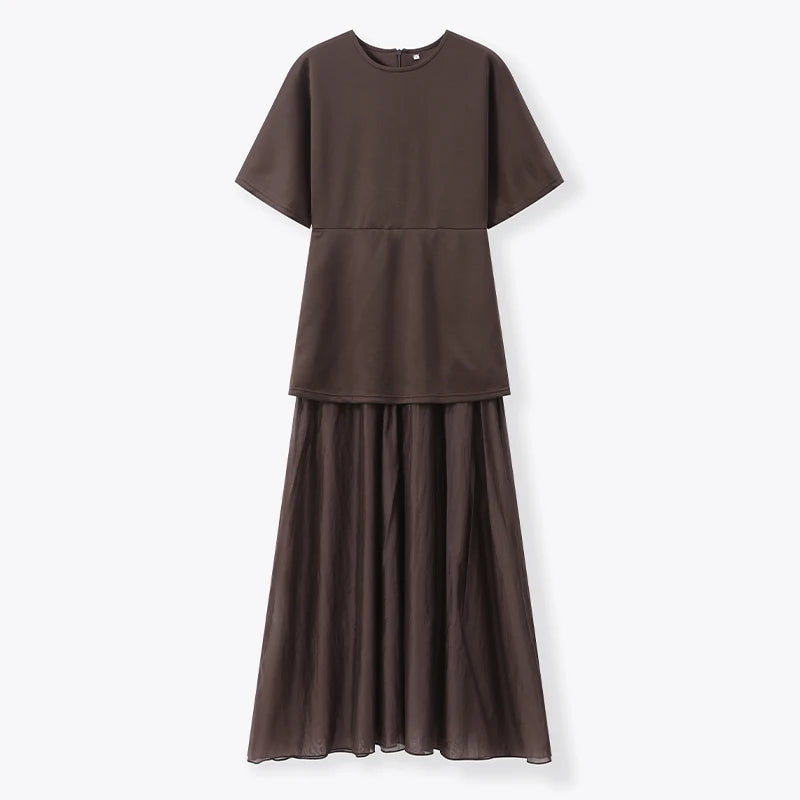 2025 Chic Splicing Brown Half Sleeve Maxi Dress Women's Casual Pleated A-line Slim Vestidos Female Office Commute Street Robes