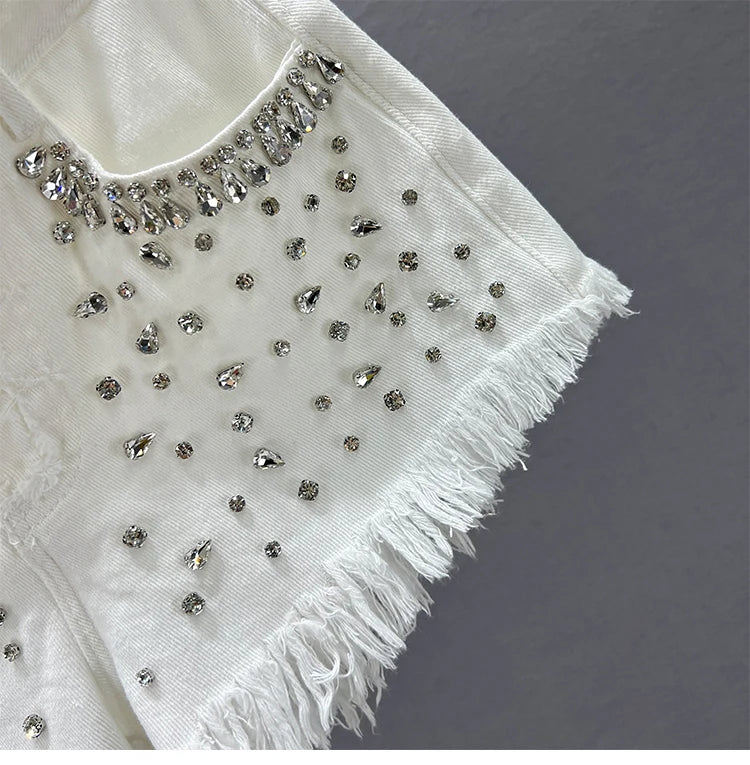 Diamond-Embedded Denim Shorts Women's Fashionable 2023 New Summer High Waist Loose Slimming Raw Hem Wide Legs Short Hot Pants