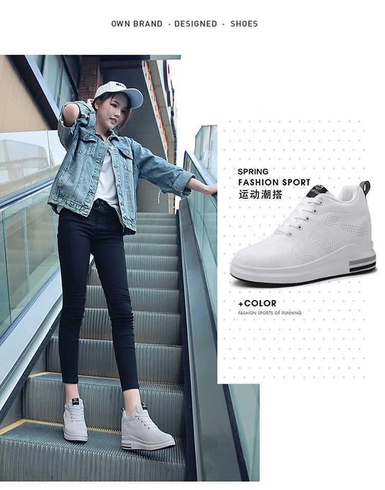 Casual Increase Women Shoes Mesh Comfortable Breathable Wedge Heels Fashion Contracted Lace Up Running Sneakers Tênis Branco